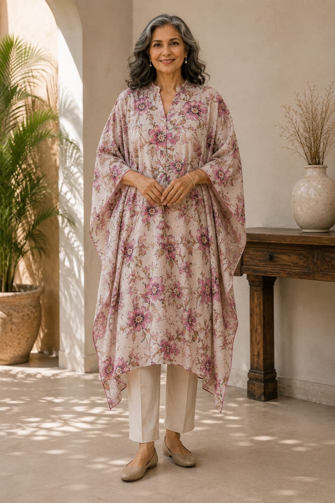 [NUL_000183] Floral Beige Pink Linen Kaftan Kurta (S, Standard Size)